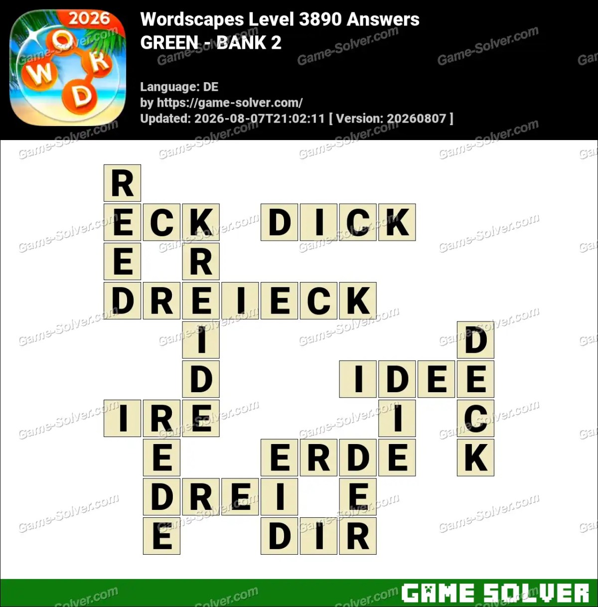 Wordscapes Deutsche Level 3890 Answers — GREEN - BANK 2