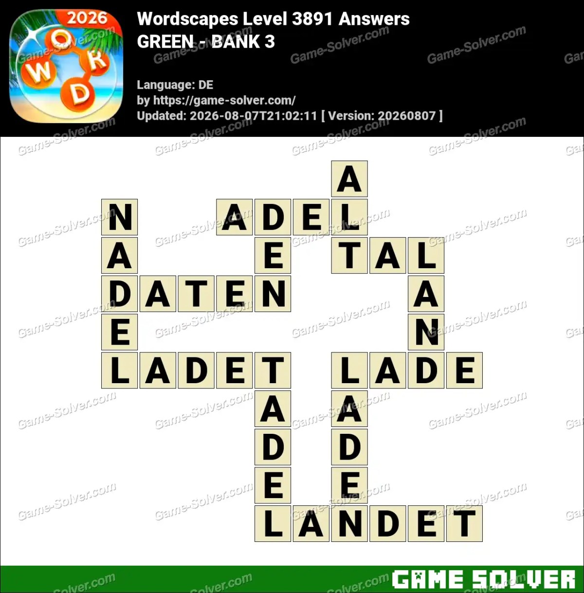 Wordscapes Deutsche Level 3891 Answers — GREEN - BANK 3