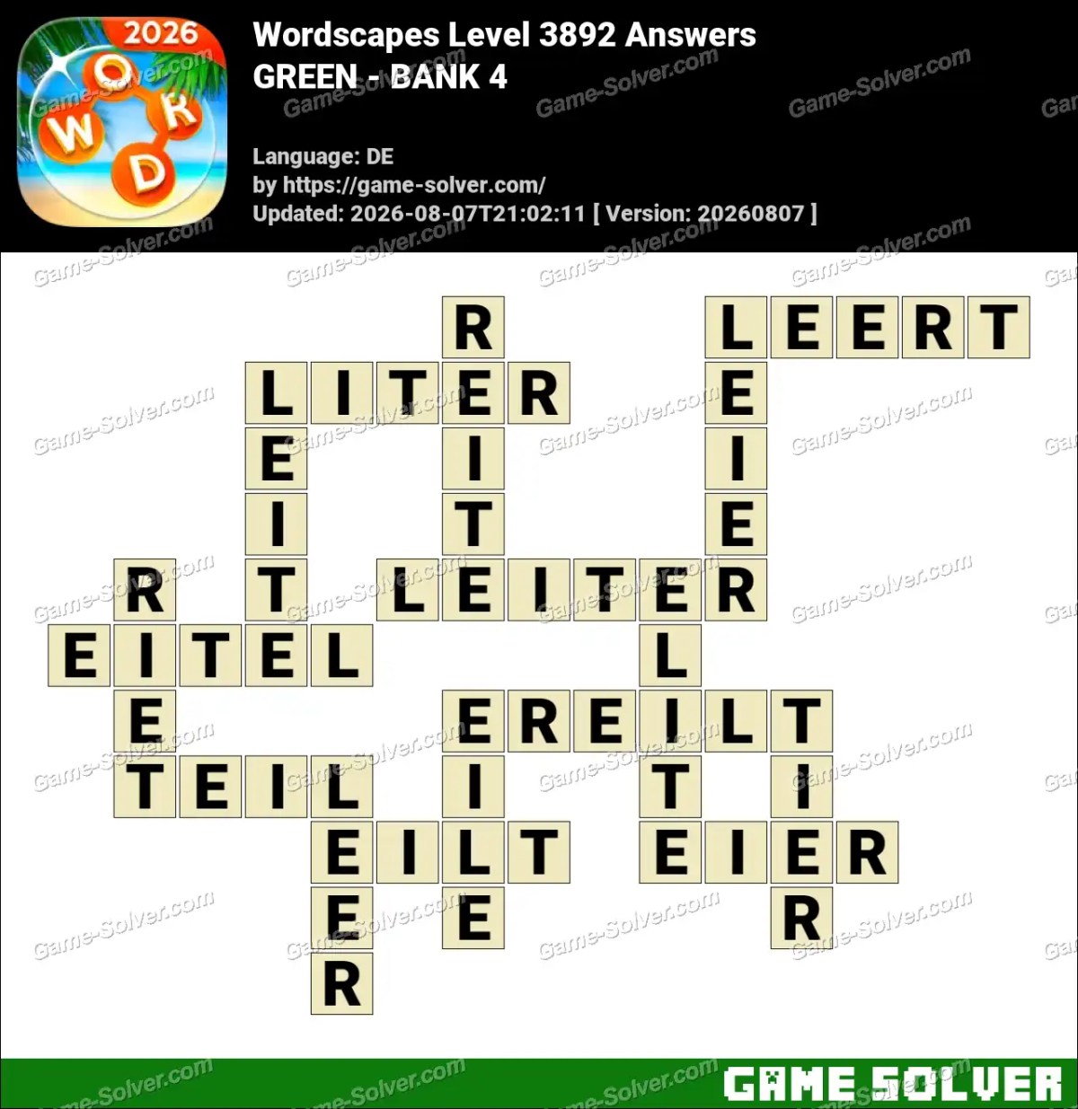 Wordscapes Deutsche Level 3892 Answers — GREEN - BANK 4