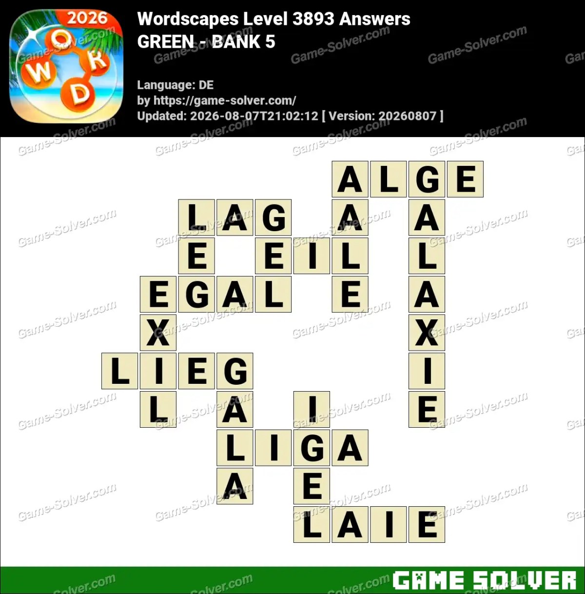 Wordscapes Deutsche Level 3893 Answers — GREEN - BANK 5