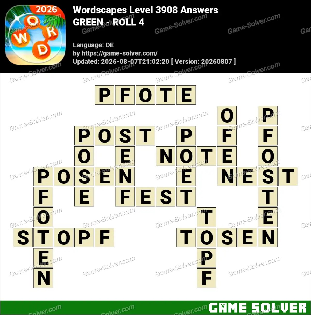 Wordscapes Deutsche Level 3908 Answers — GREEN - ROLL 4