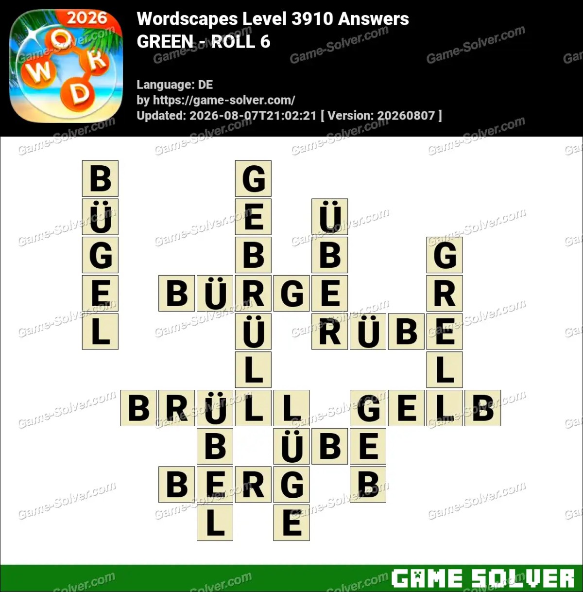 Wordscapes Deutsche Level 3910 Answers — GREEN - ROLL 6
