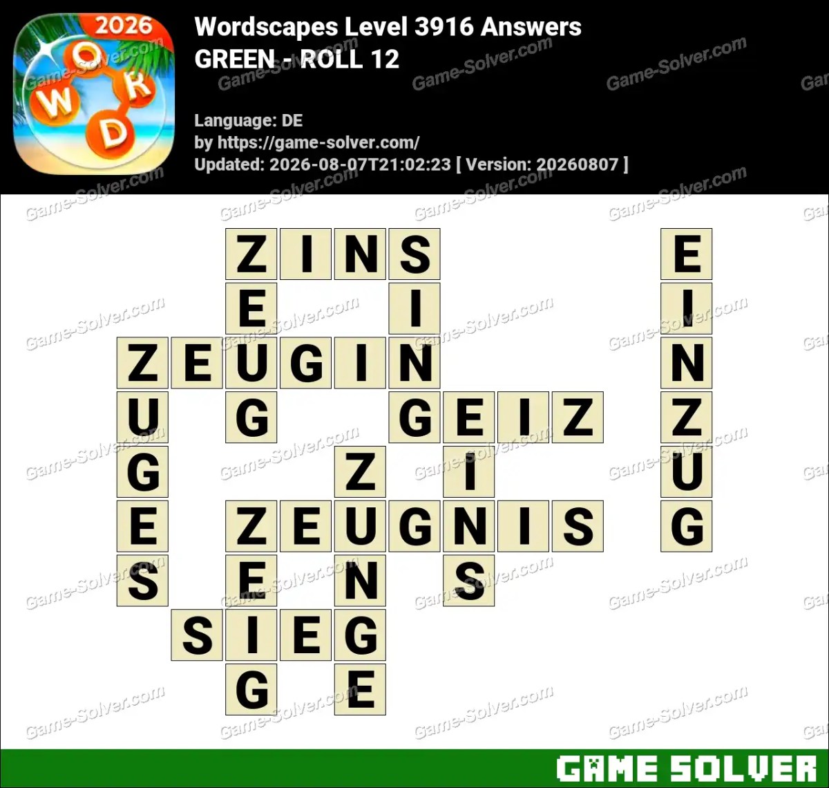 Wordscapes Deutsche Level 3916 Answers — GREEN - ROLL 12