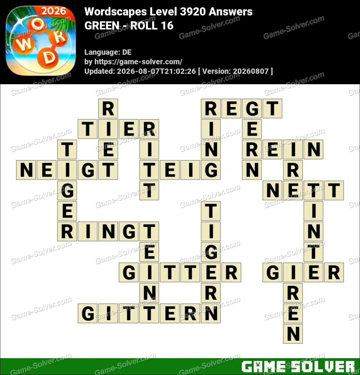 Wordscapes Deutsche Level 3920 Answers — GREEN - ROLL 16