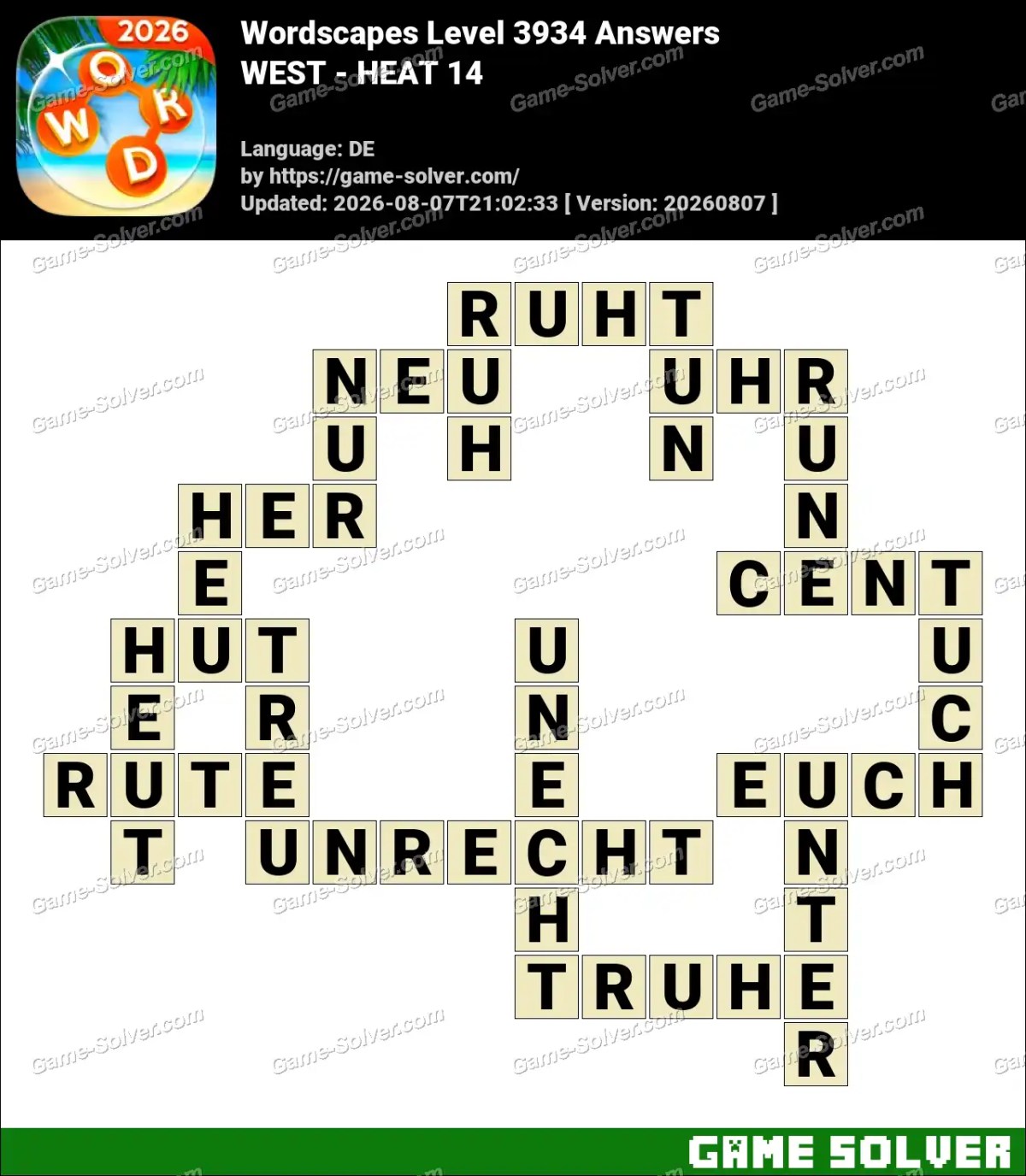 Wordscapes Deutsche Level 3934 Answers — WEST - HEAT 14