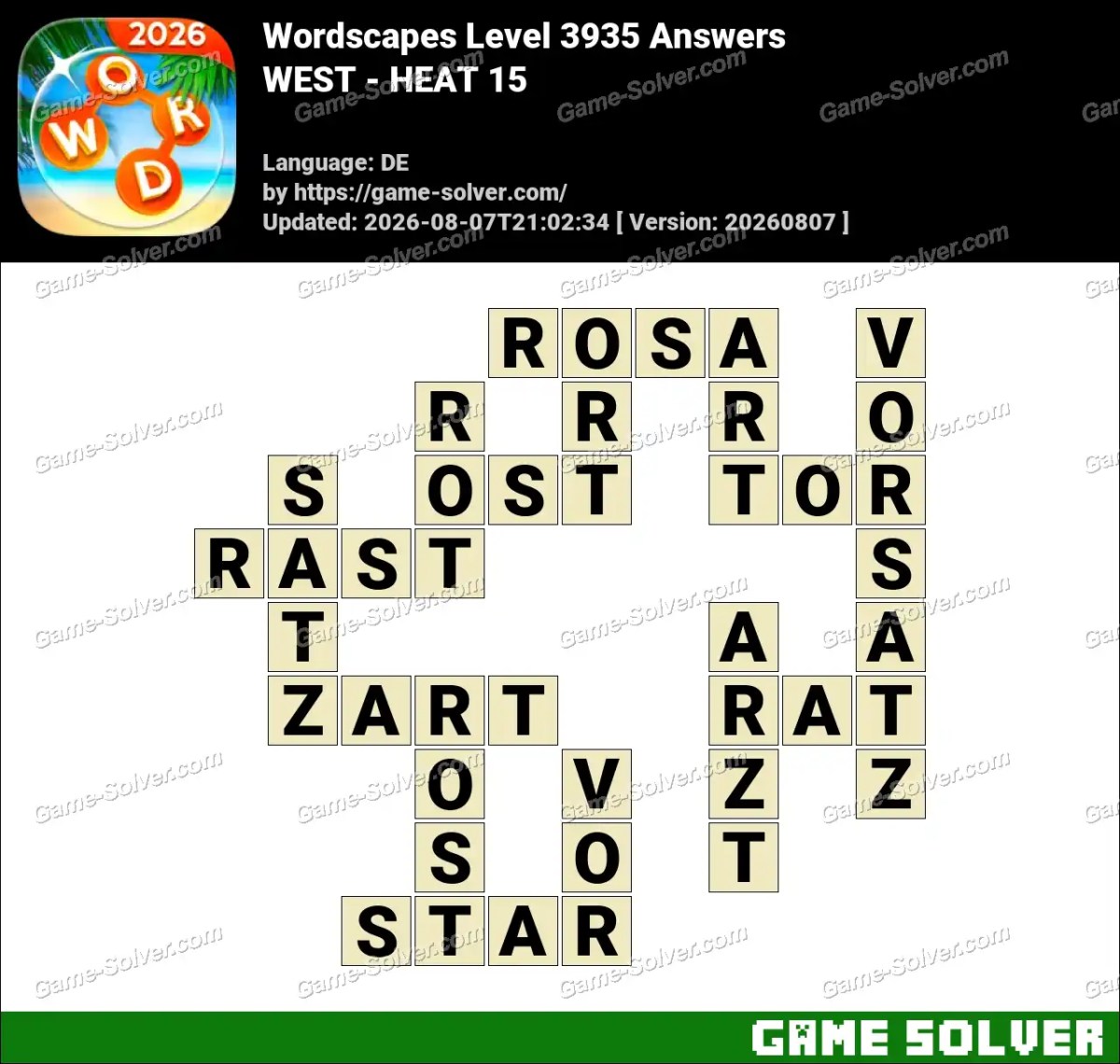 Wordscapes Deutsche Level 3935 Answers — WEST - HEAT 15