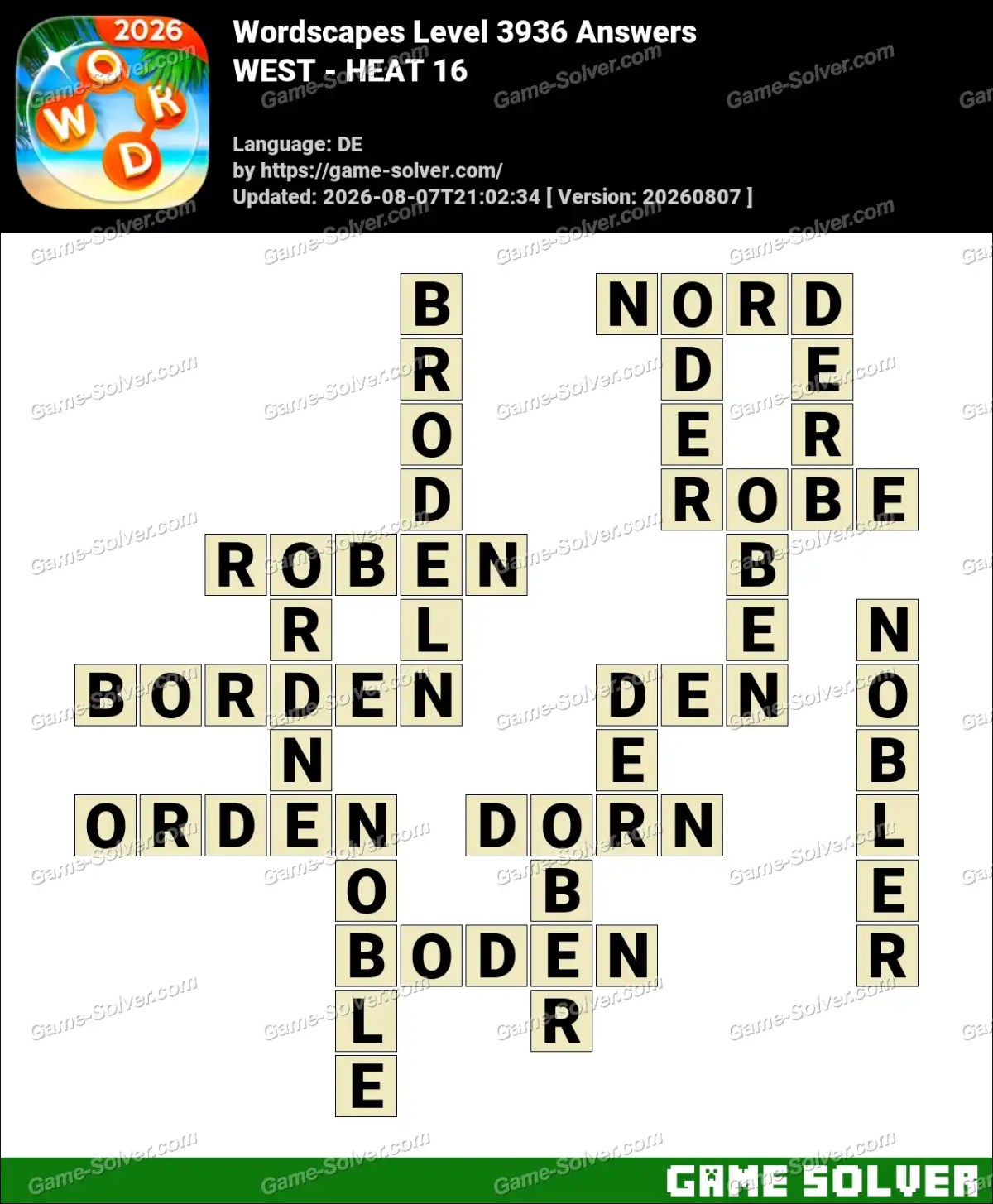 Wordscapes Deutsche Level 3936 Answers — WEST - HEAT 16