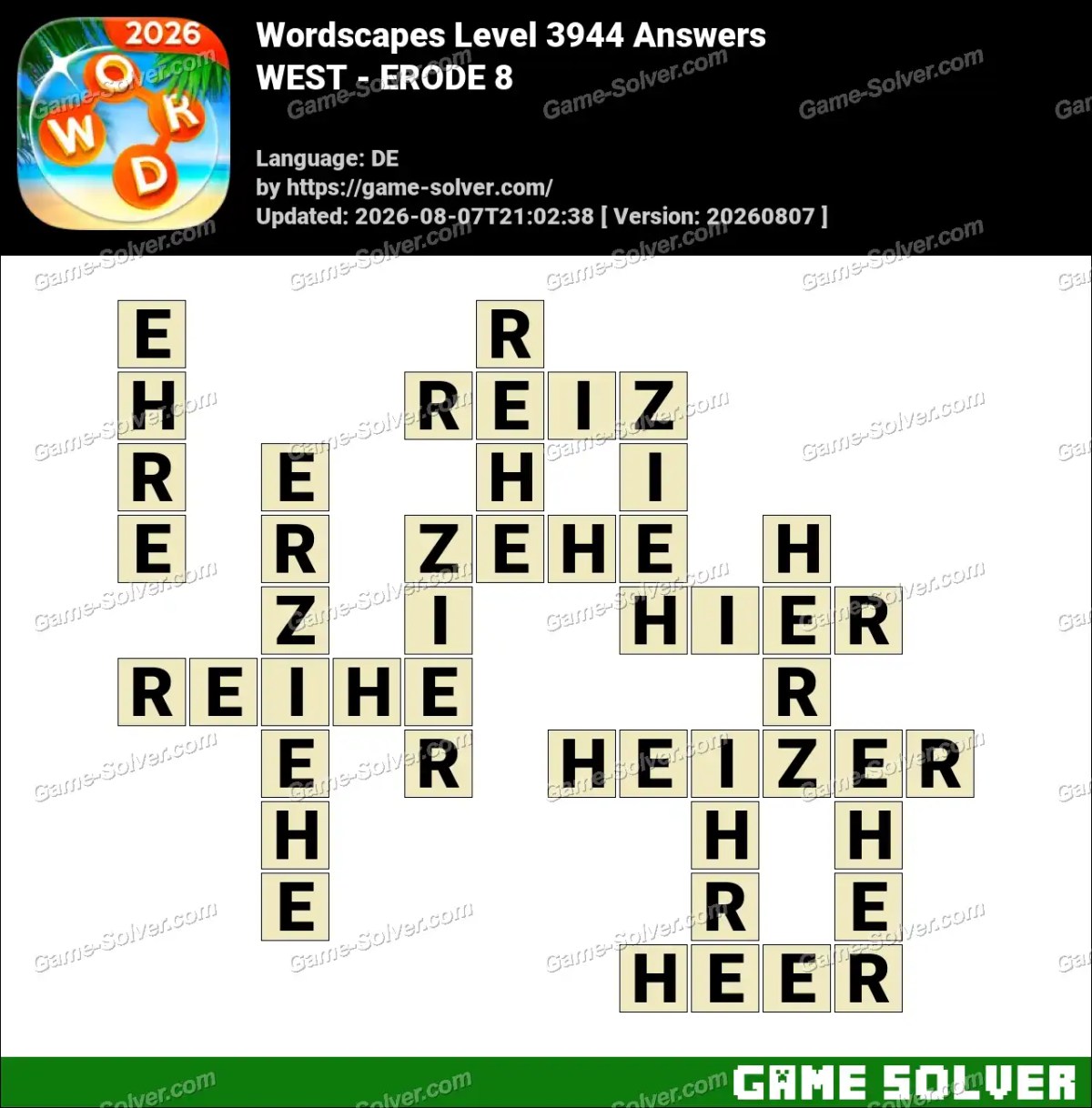 Wordscapes Deutsche Level 3944 Answers — WEST - ERODE 8