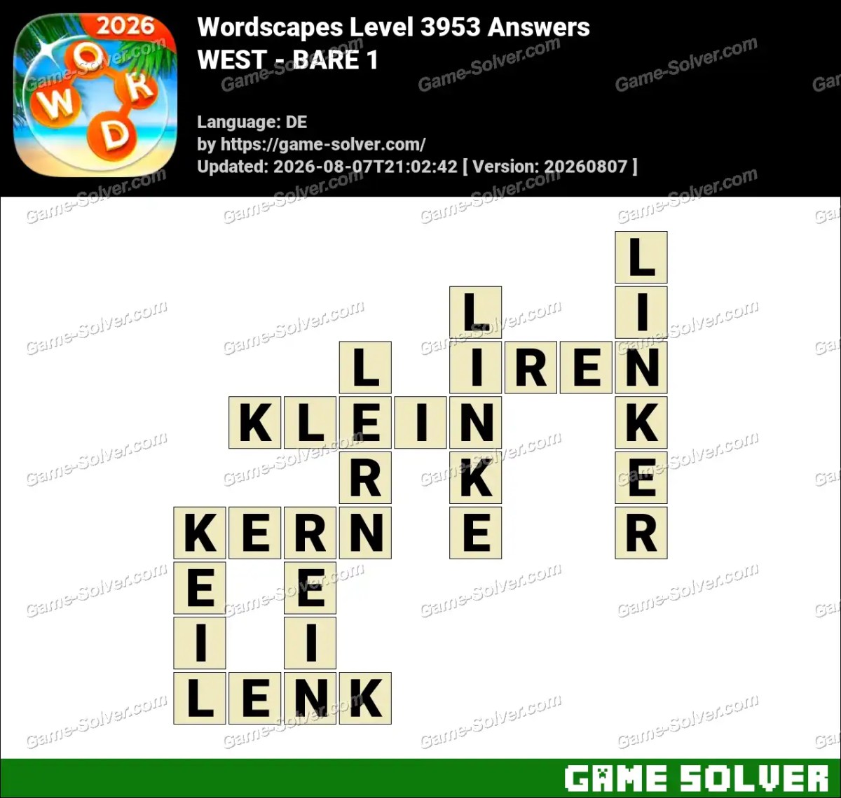 Wordscapes Deutsche Level 3953 Answers — WEST - BARE 1