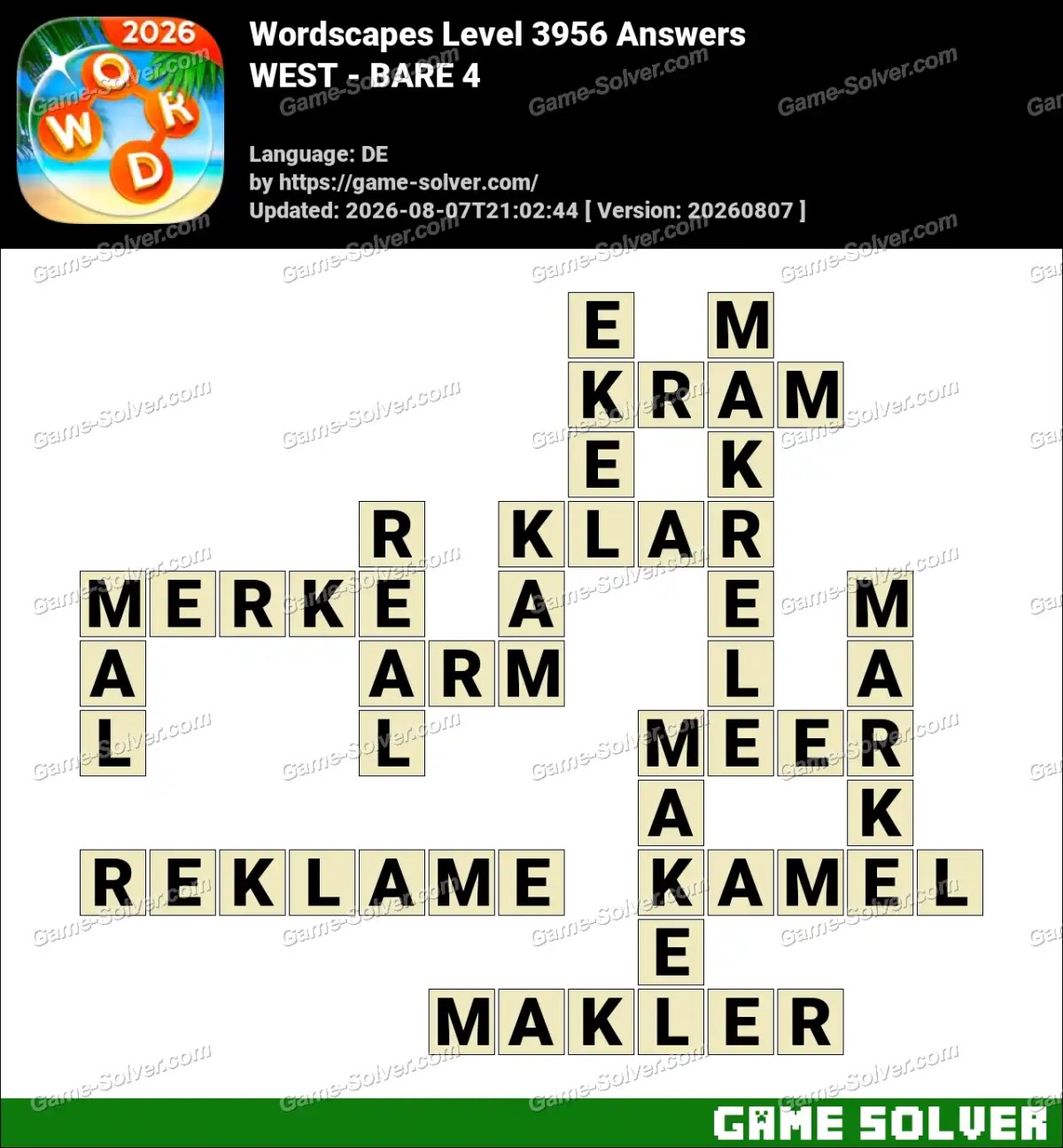 Wordscapes Deutsche Level 3956 Answers — WEST - BARE 4