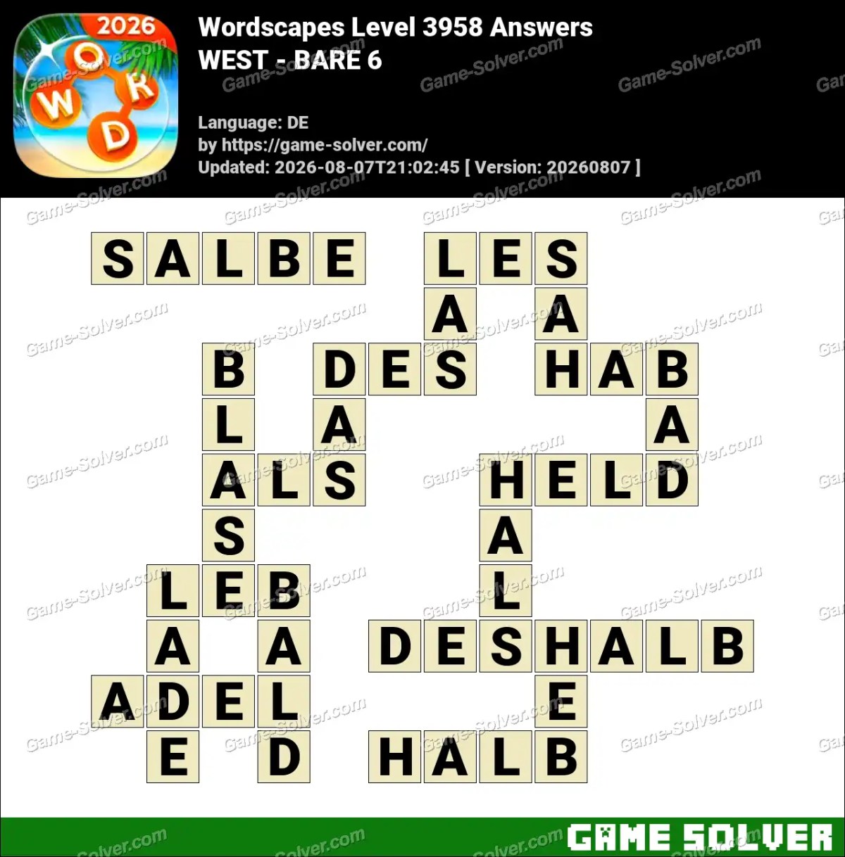 Wordscapes Deutsche Level 3958 Answers — WEST - BARE 6