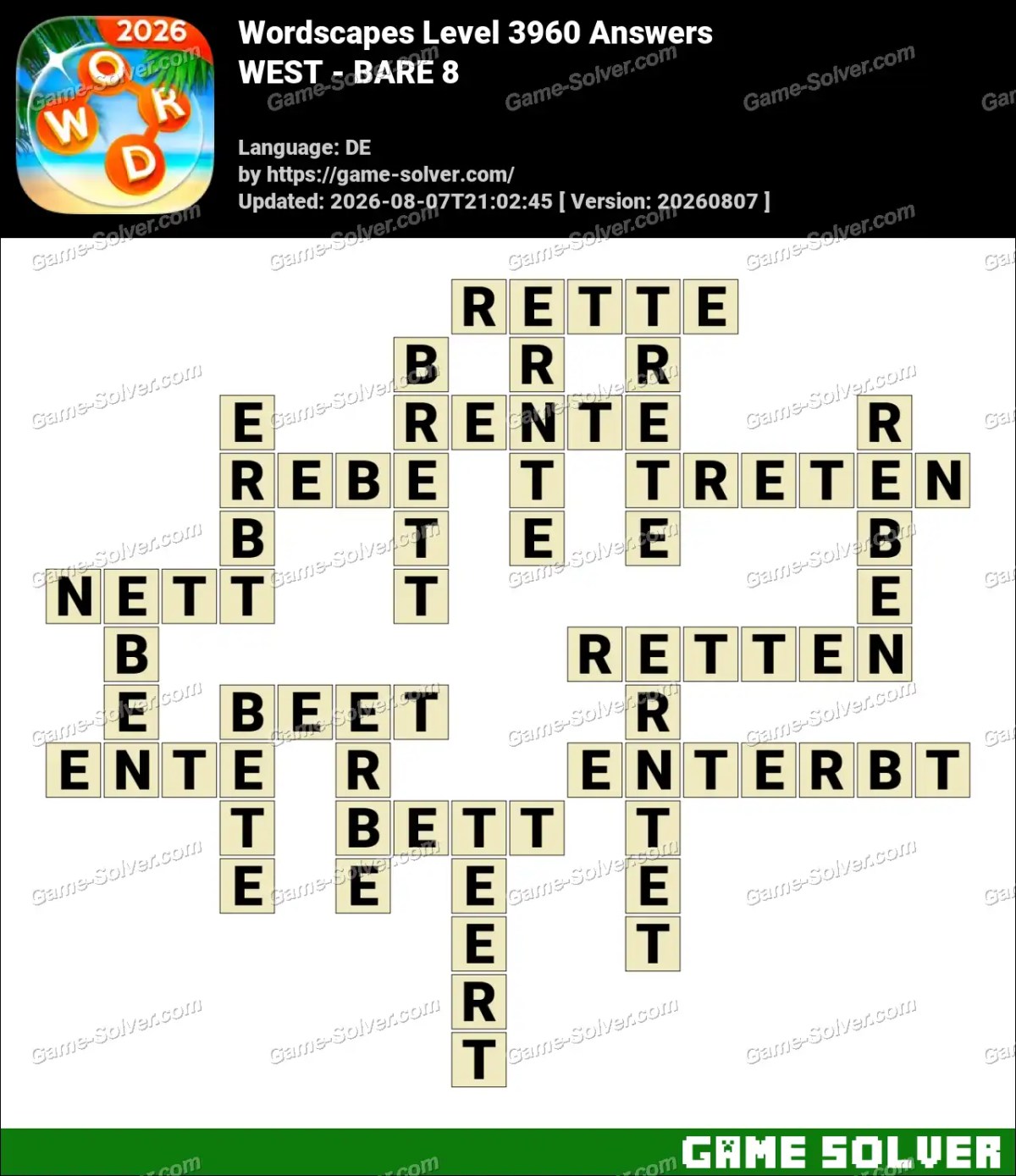 Wordscapes Deutsche Level 3960 Answers — WEST - BARE 8