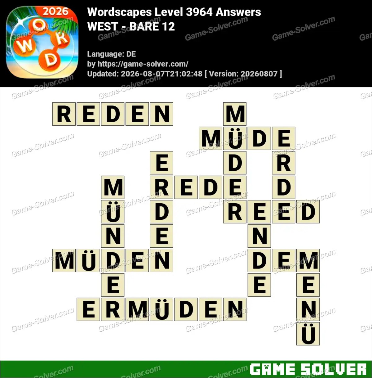 Wordscapes Deutsche Level 3964 Answers — WEST - BARE 12