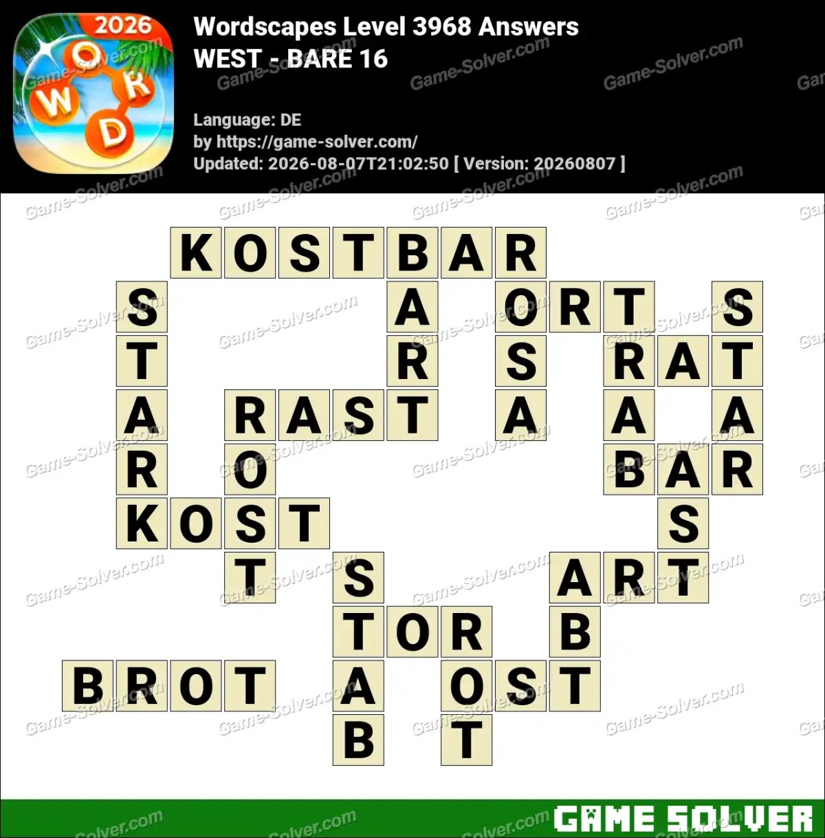 Wordscapes Deutsche Level 3968 Answers — WEST - BARE 16