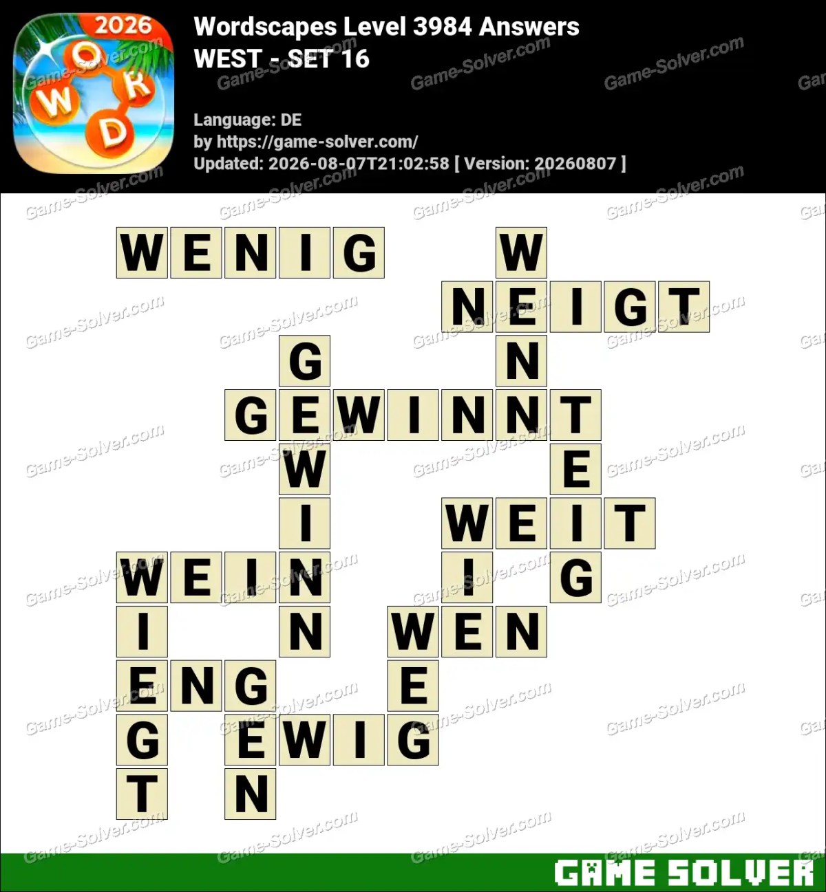 Wordscapes Deutsche Level 3984 Answers — WEST - SET 16