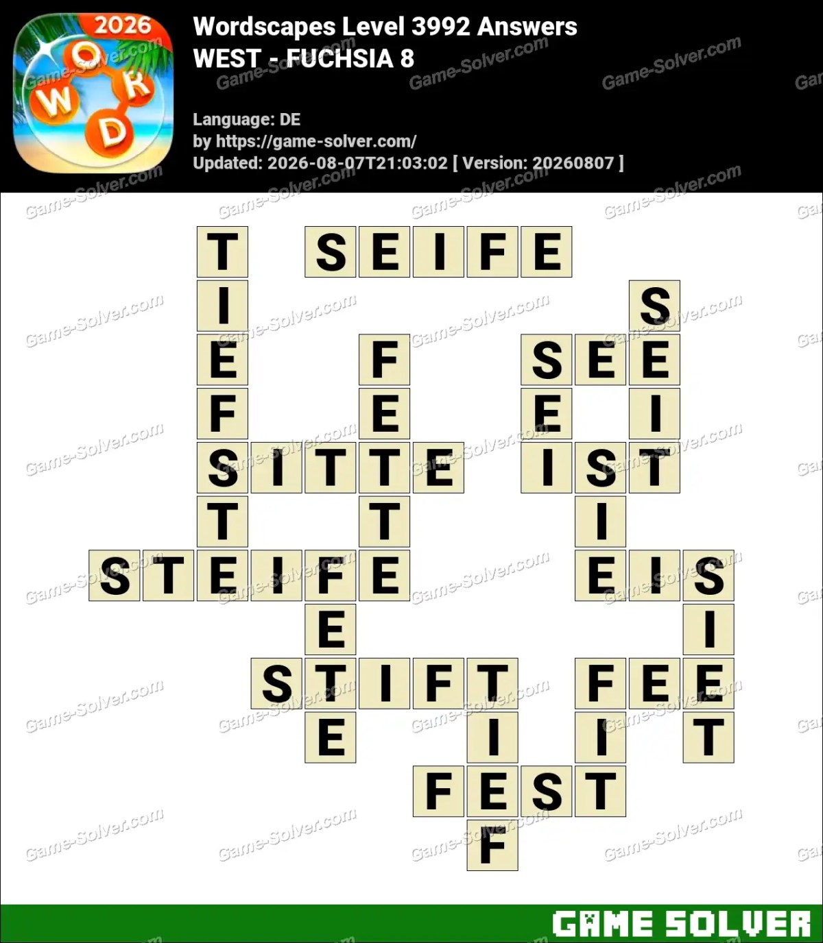 Wordscapes Deutsche Level 3992 Answers — WEST - FUCHSIA 8