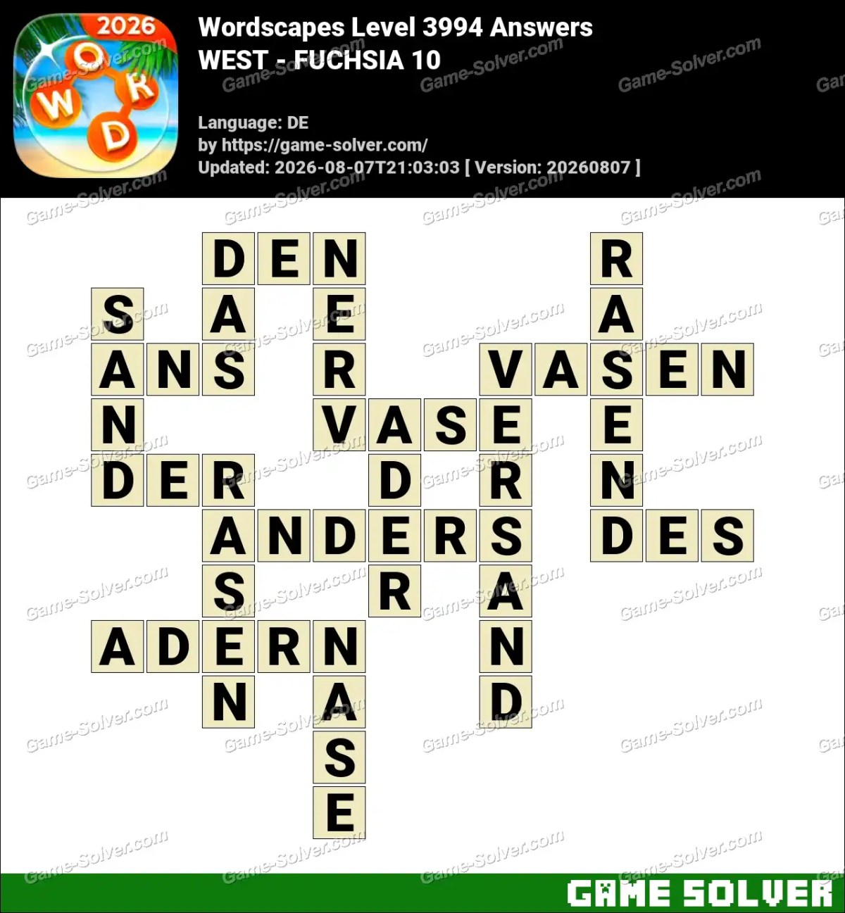 Wordscapes Deutsche Level 3994 Answers — WEST - FUCHSIA 10