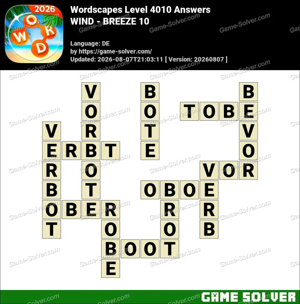 Wordscapes Deutsche Level 4010 Answers — WIND - BREEZE 10