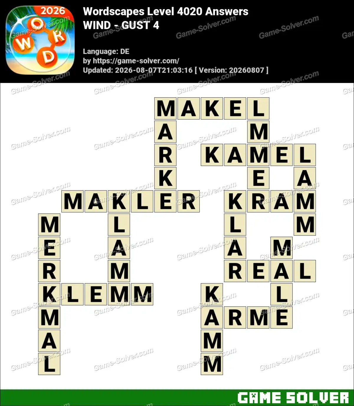 Wordscapes Deutsche Level 4020 Answers — WIND - GUST 4