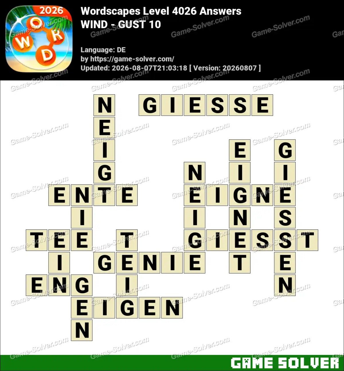 Wordscapes Deutsche Level 4026 Answers — WIND - GUST 10