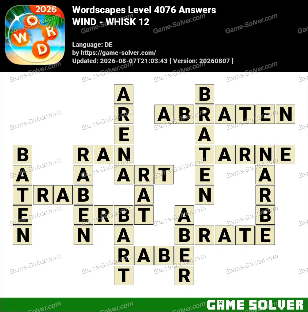 Wordscapes Deutsche Level 4076 Answers — WIND - WHISK 12