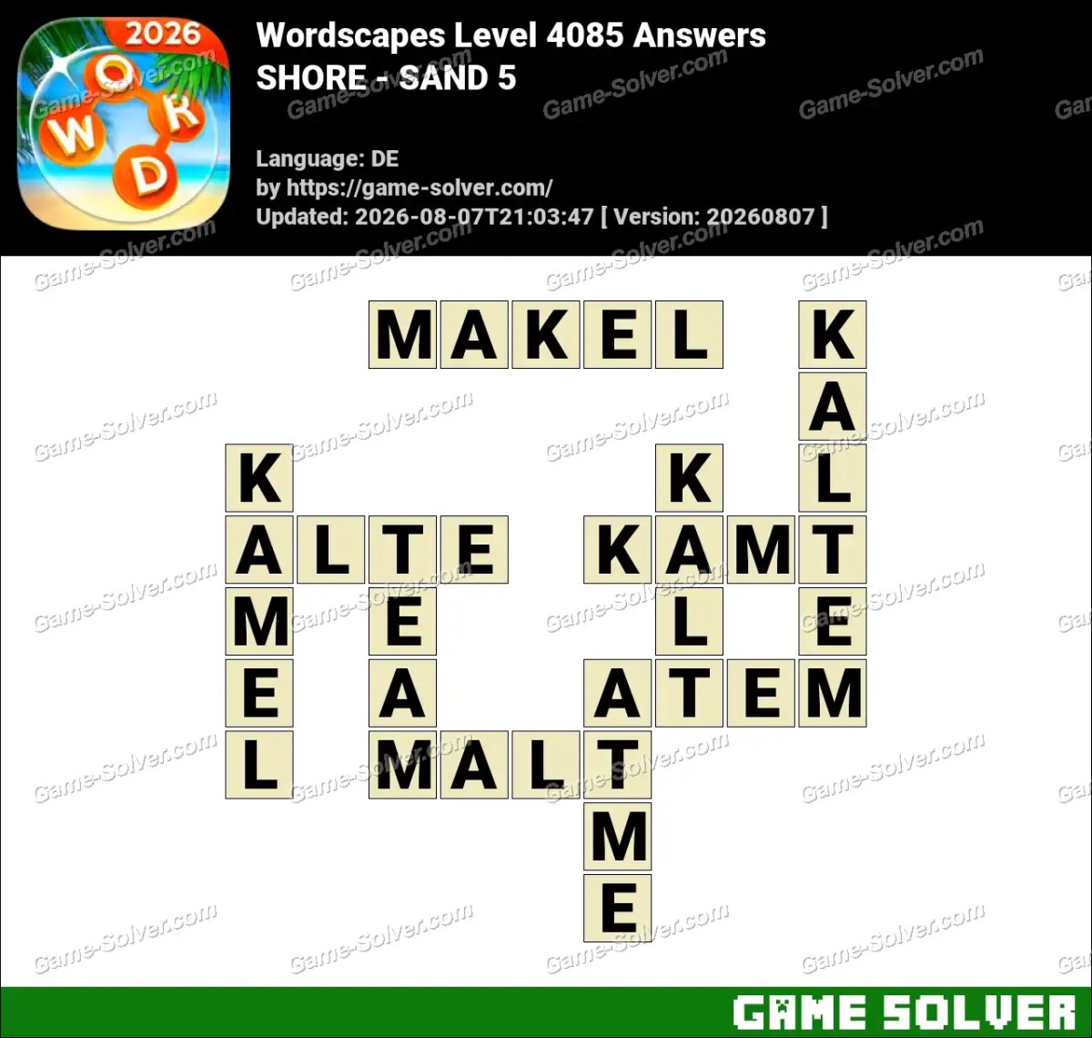 Wordscapes Deutsche Level 4085 Answers — SHORE - SAND 5