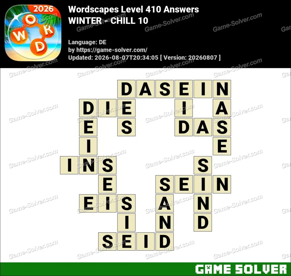 Wordscapes Deutsche Level 410 Answers — WINTER - CHILL 10