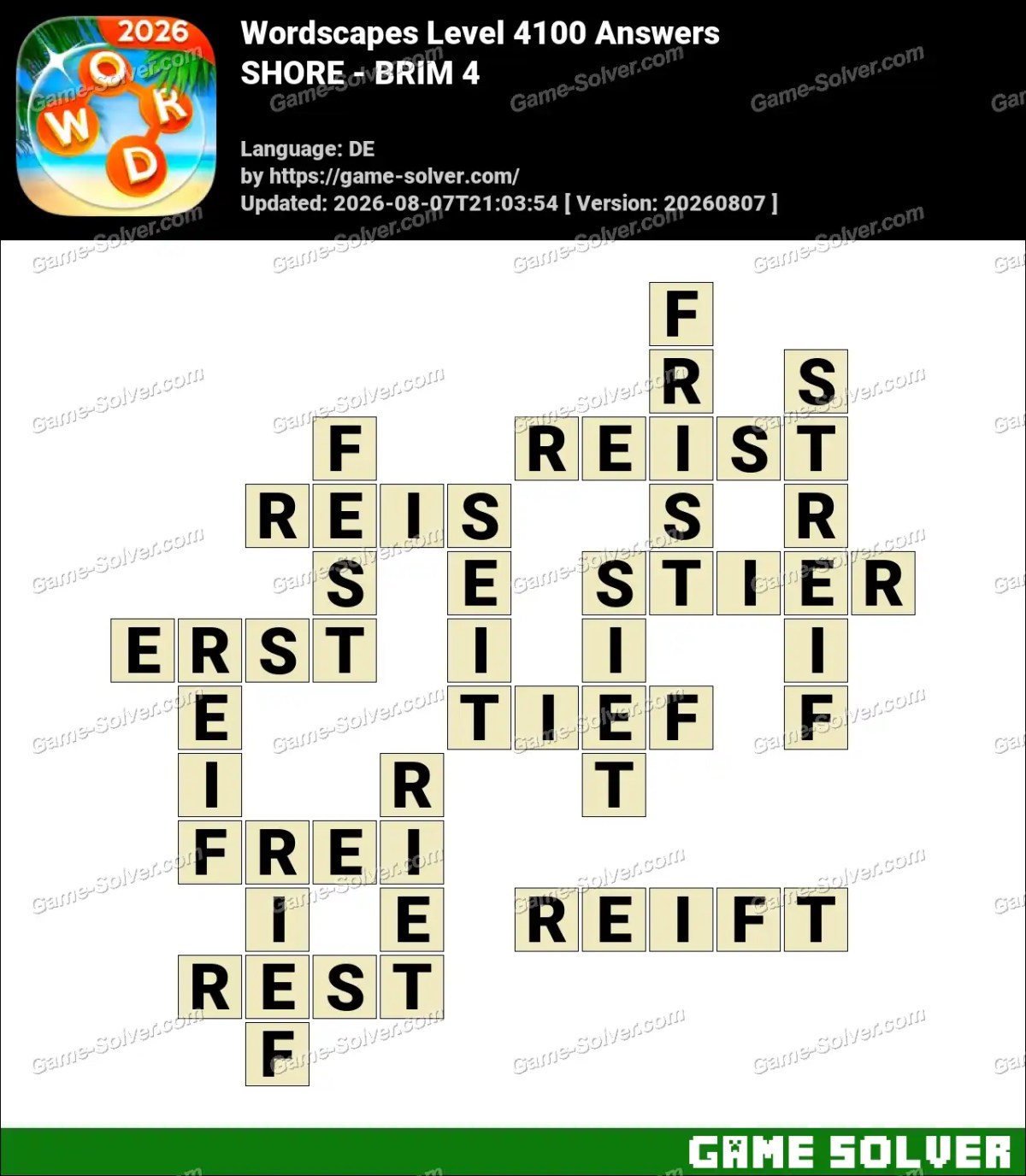 Wordscapes Deutsche Level 4100 Answers — SHORE - BRIM 4