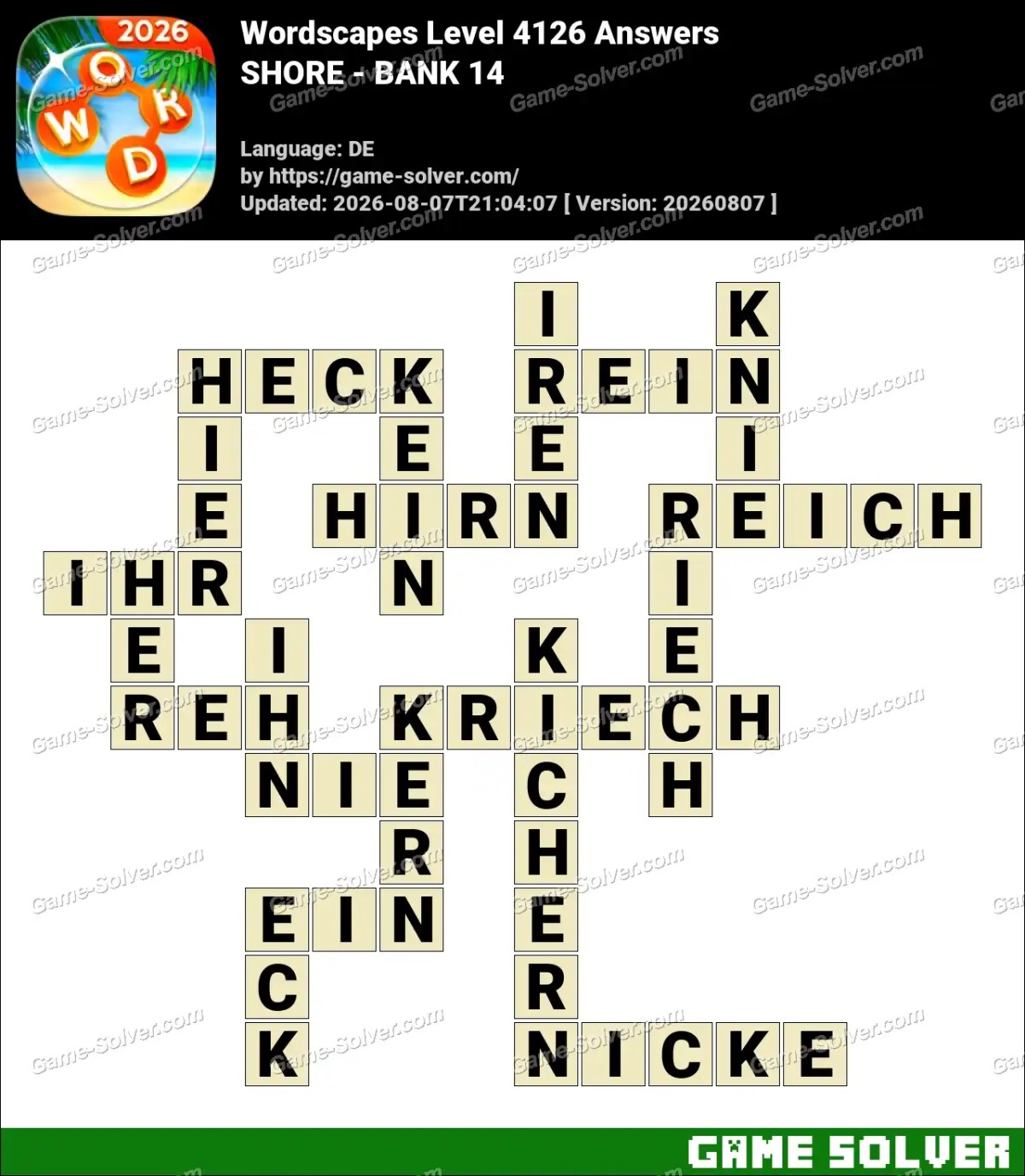 Wordscapes Deutsche Level 4126 Answers — SHORE - BANK 14