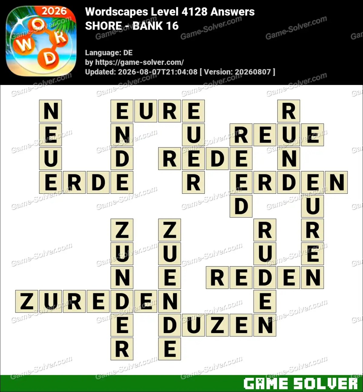 Wordscapes Deutsche Level 4128 Answers — SHORE - BANK 16