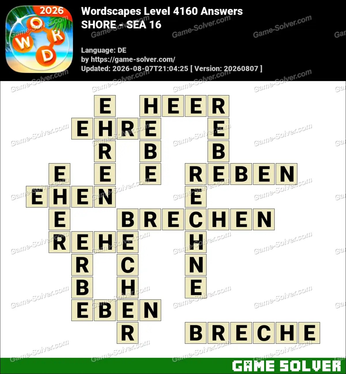 Wordscapes Deutsche Level 4160 Answers — SHORE - SEA 16