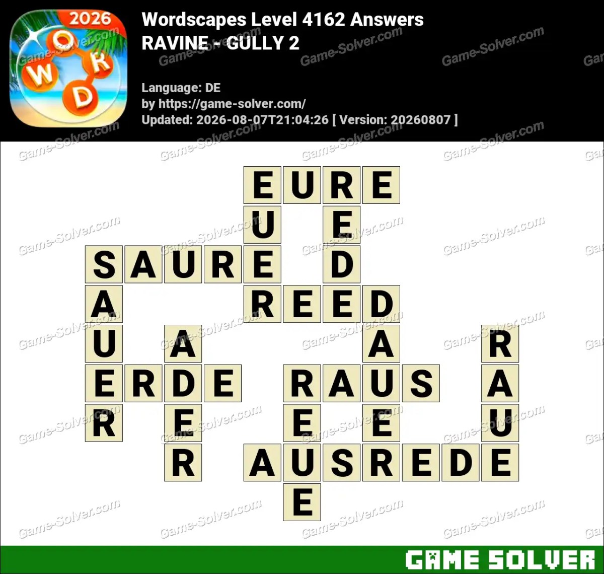 Wordscapes Deutsche Level 4162 Answers — RAVINE - GULLY 2