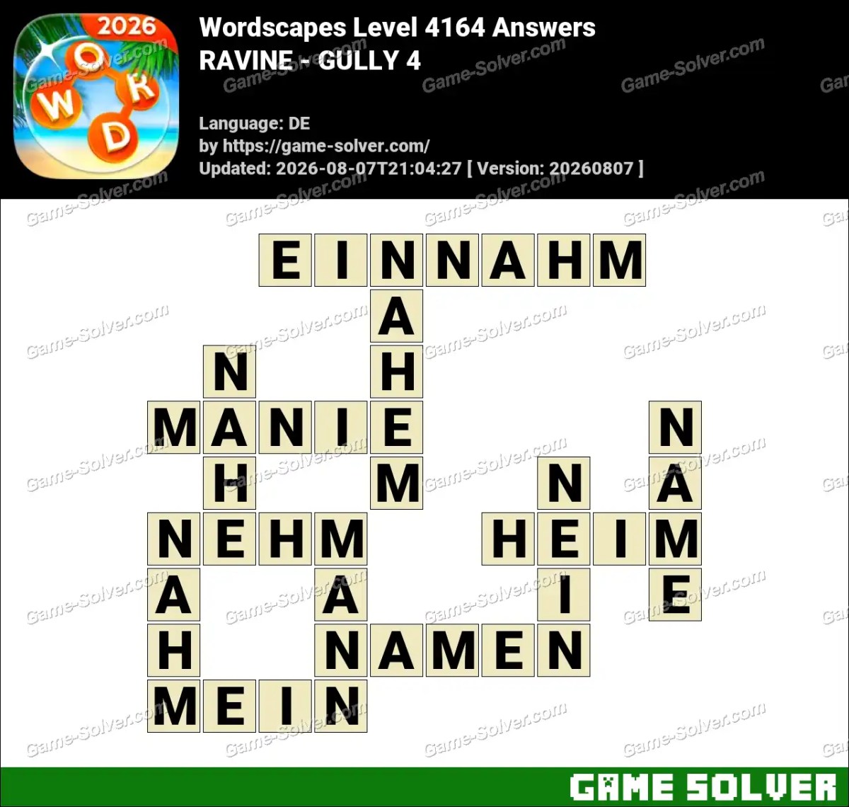 Wordscapes Deutsche Level 4164 Answers — RAVINE - GULLY 4