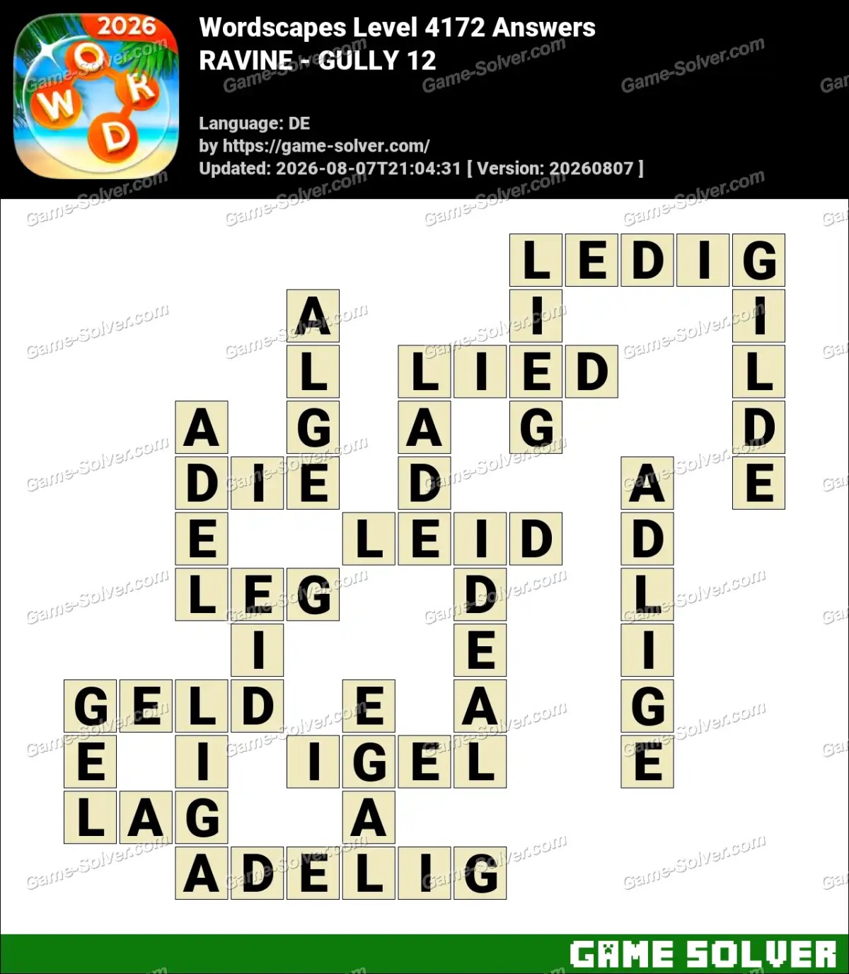 Wordscapes Deutsche Level 4172 Answers — RAVINE - GULLY 12