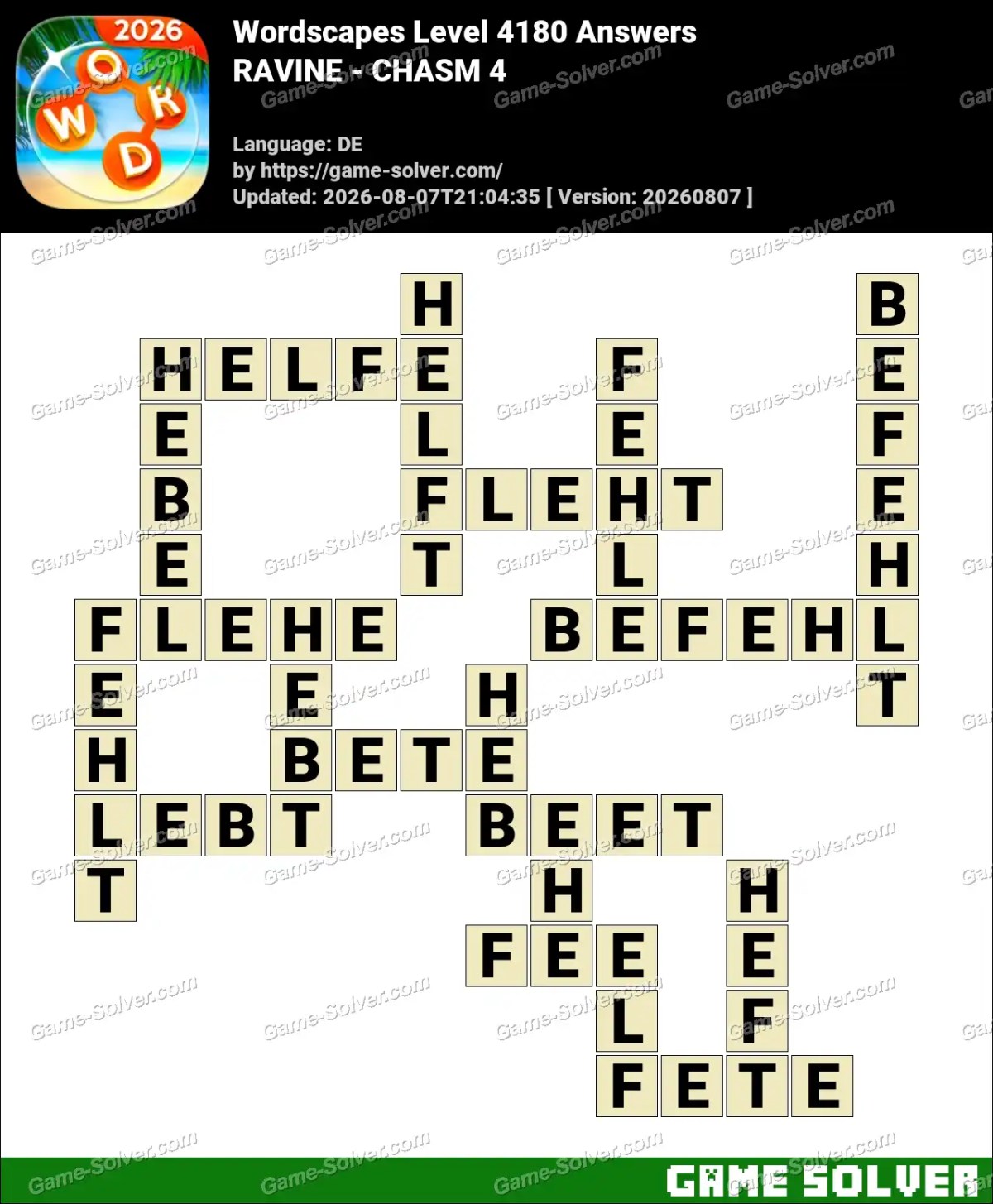Wordscapes Deutsche Level 4180 Answers — RAVINE - CHASM 4