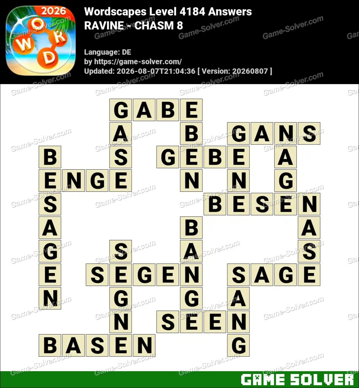 Wordscapes Deutsche Level 4184 Answers — RAVINE - CHASM 8