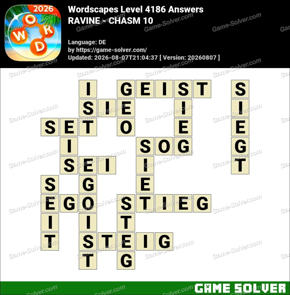 Wordscapes Deutsche Level 4186 Answers — RAVINE - CHASM 10
