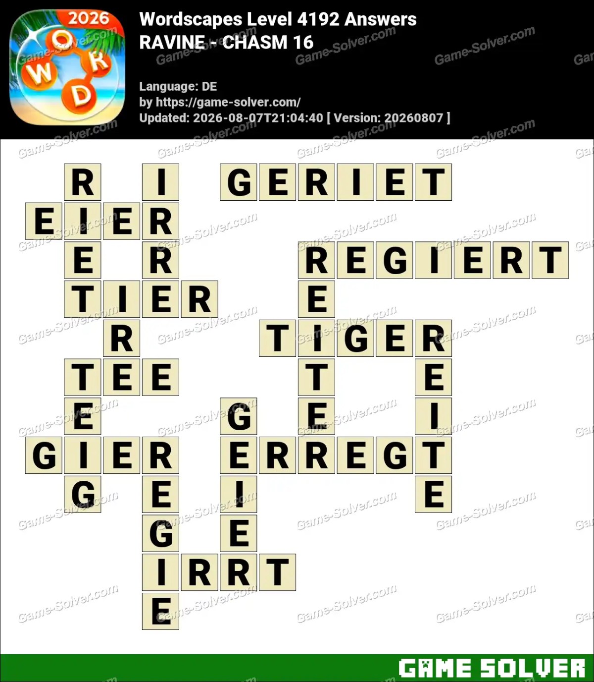 Wordscapes Deutsche Level 4192 Answers — RAVINE - CHASM 16