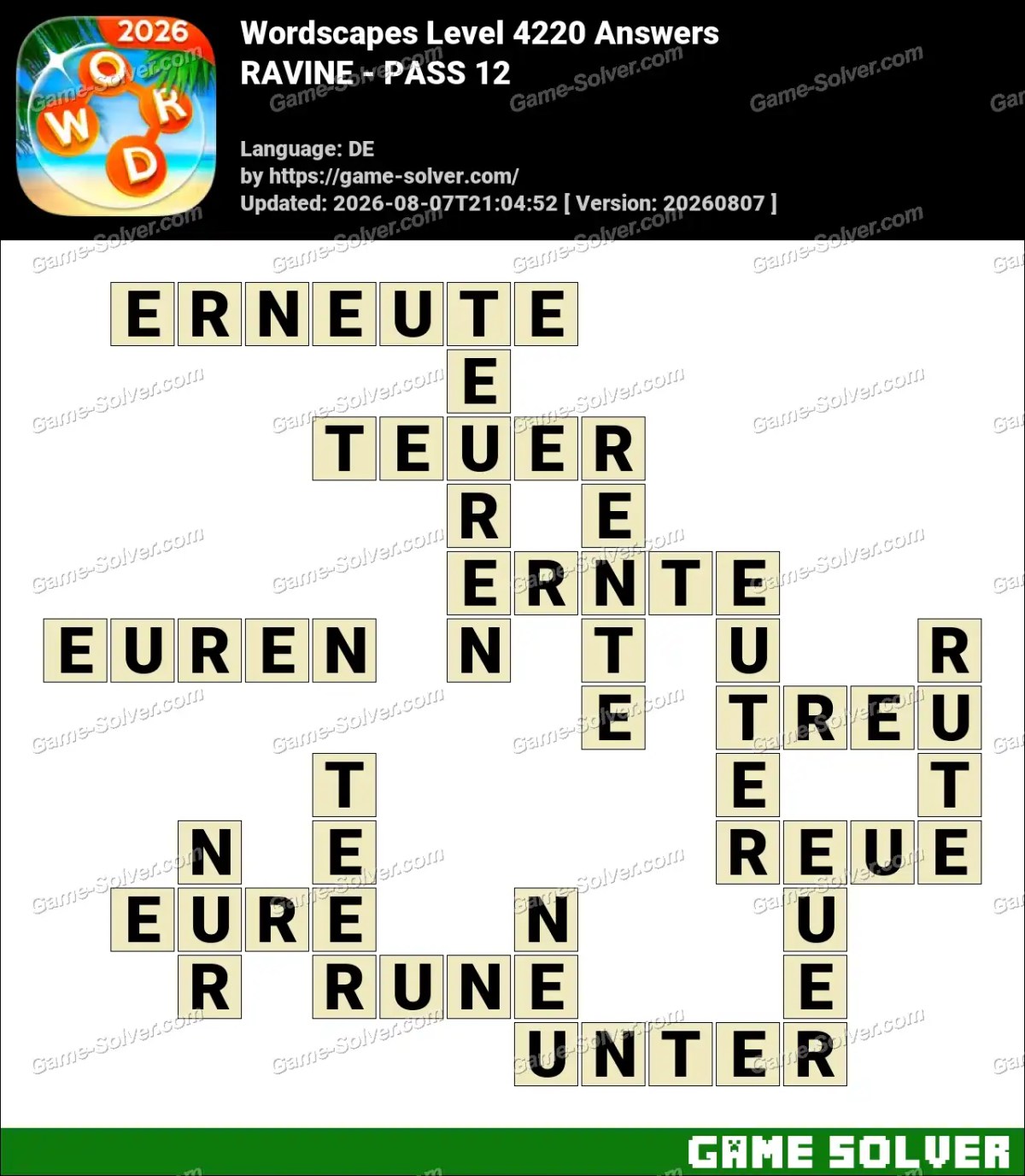 Wordscapes Deutsche Level 4220 Answers — RAVINE - PASS 12