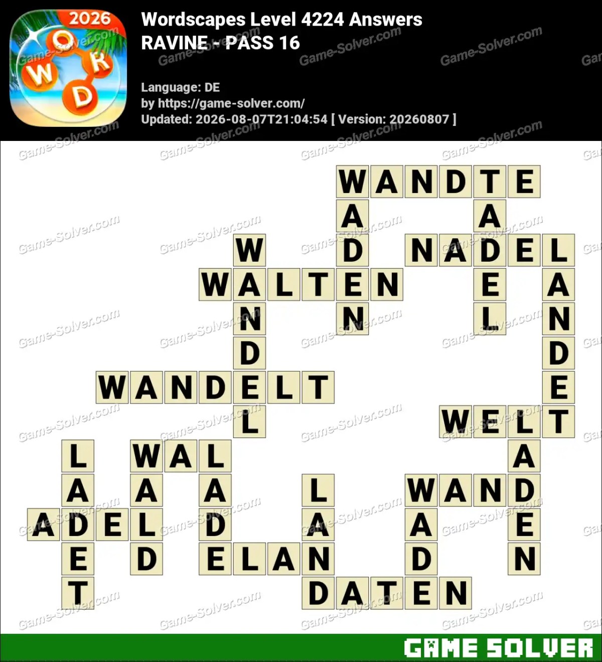 Wordscapes Deutsche Level 4224 Answers — RAVINE - PASS 16