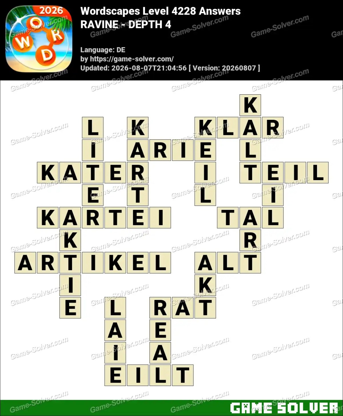 Wordscapes Deutsche Level 4228 Answers — RAVINE - DEPTH 4