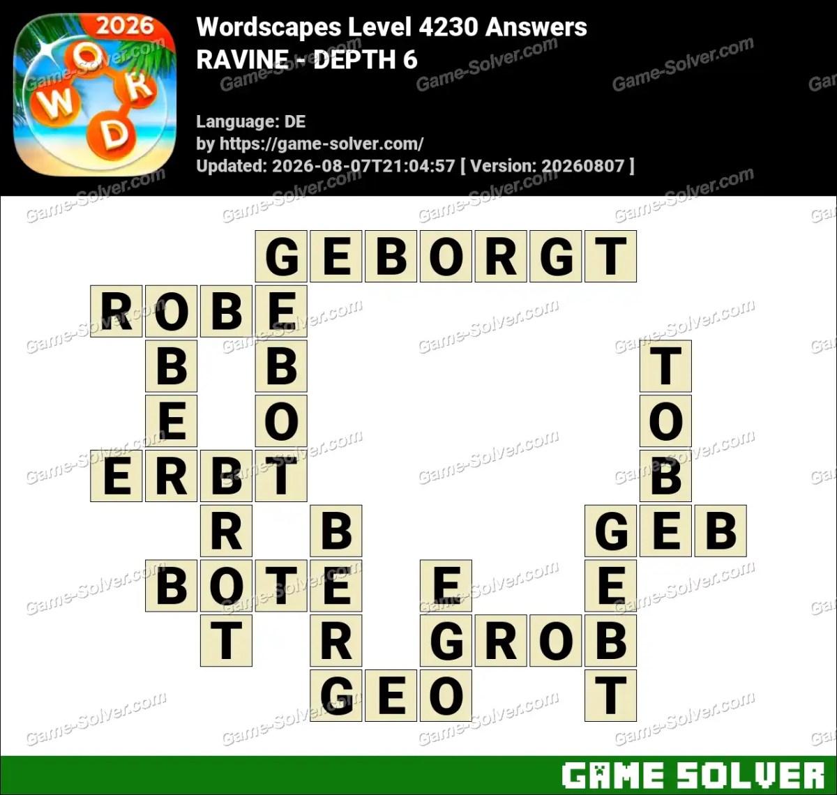 Wordscapes Deutsche Level 4230 Answers — RAVINE - DEPTH 6