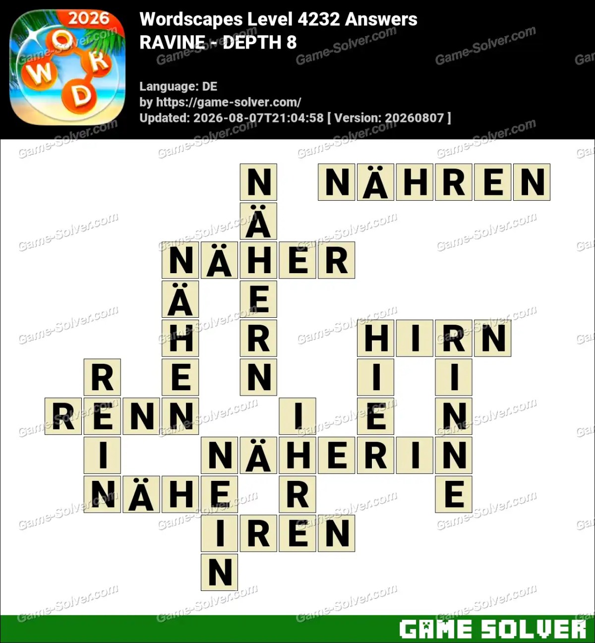 Wordscapes Deutsche Level 4232 Answers — RAVINE - DEPTH 8