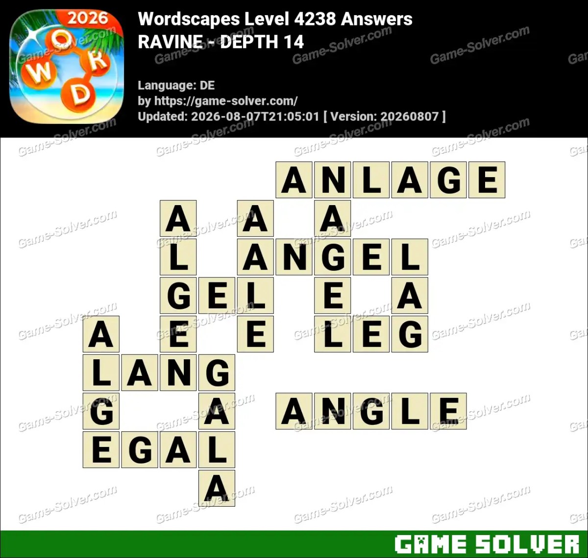 Wordscapes Deutsche Level 4238 Answers — RAVINE - DEPTH 14