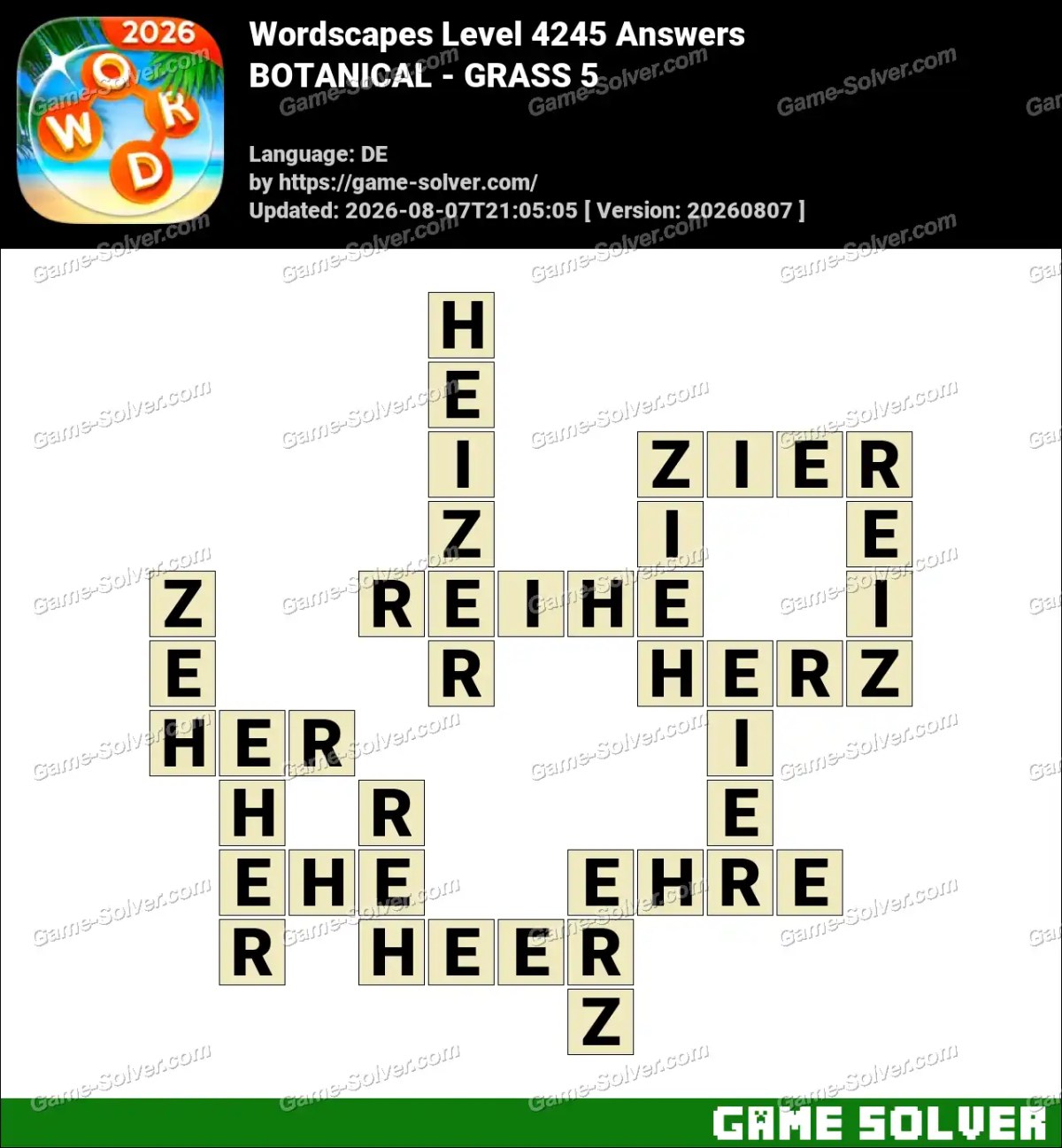 Wordscapes Deutsche Level 4245 Answers — BOTANICAL - GRASS 5