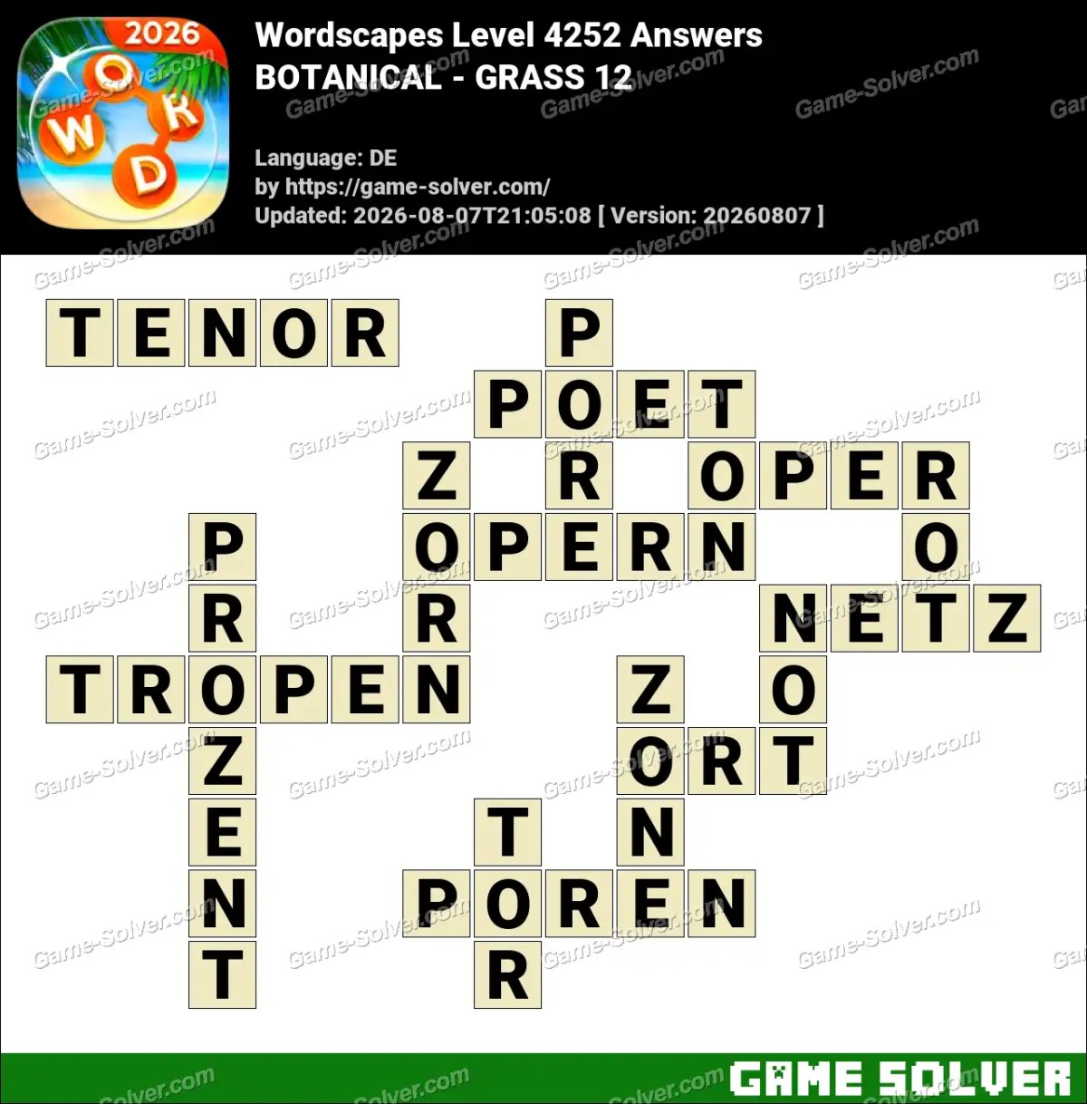 Wordscapes Deutsche Level 4252 Answers — BOTANICAL - GRASS 12