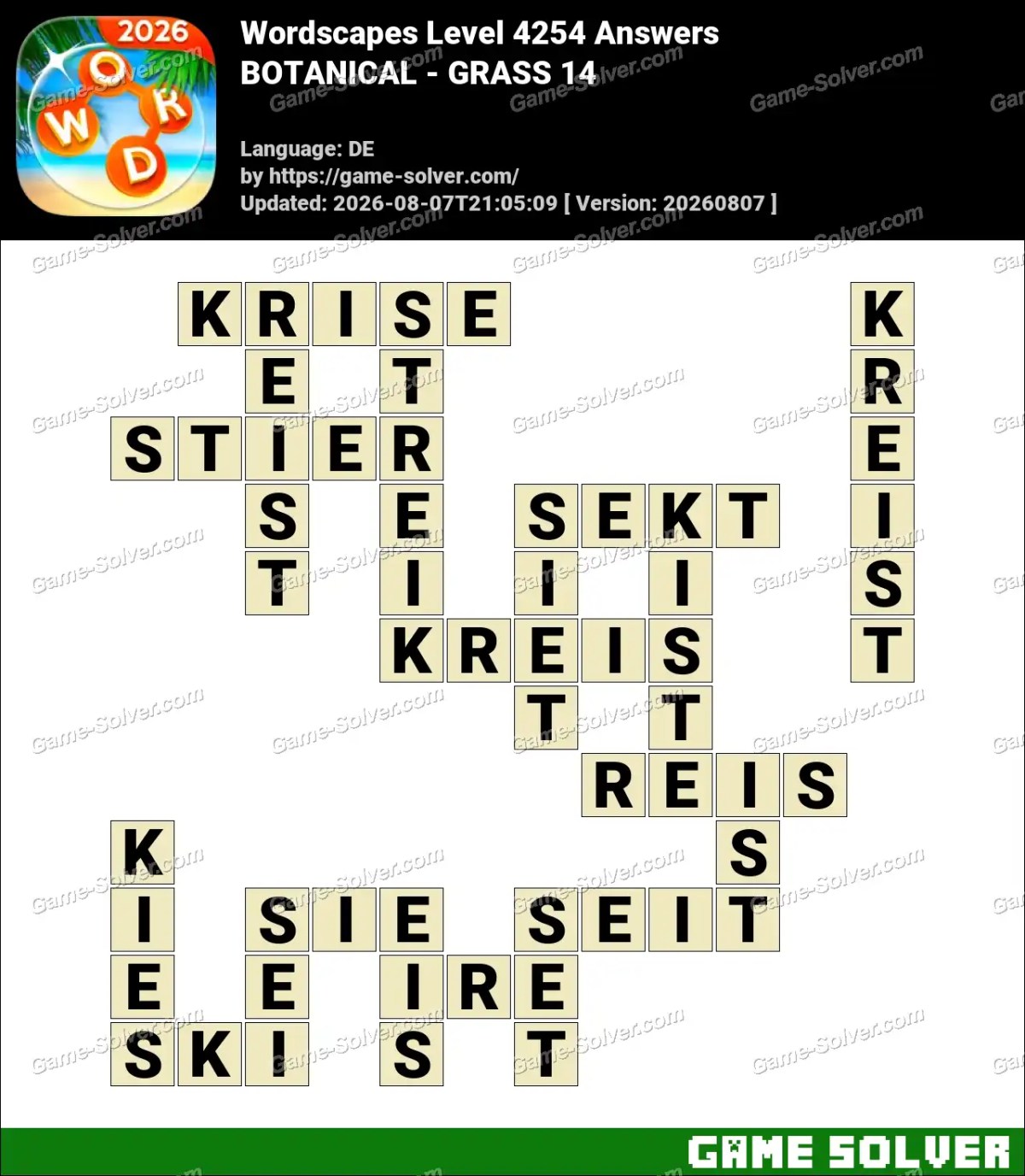 Wordscapes Deutsche Level 4254 Answers — BOTANICAL - GRASS 14
