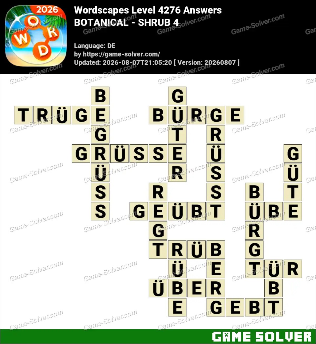 Wordscapes Deutsche Level 4276 Answers — BOTANICAL - SHRUB 4 Wordscapes Deutsche Level 4276 Answers — BOTANICAL - SHRUB 4