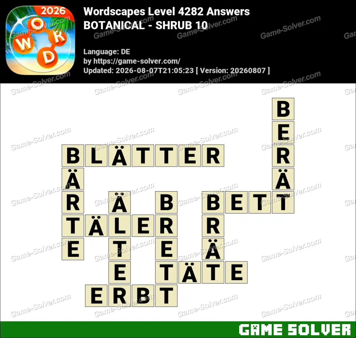 Wordscapes Deutsche Level 4282 Answers — BOTANICAL - SHRUB 10