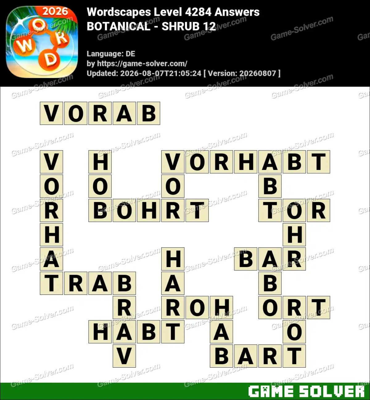 Wordscapes Deutsche Level 4284 Answers — BOTANICAL - SHRUB 12